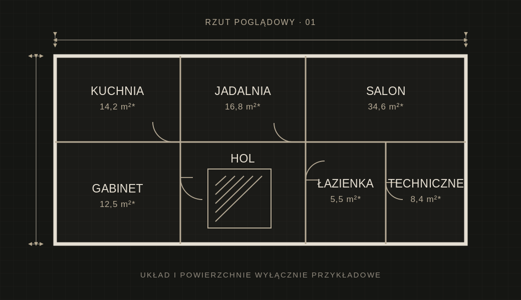 Poglądowy rzut parteru z salonem, kuchnią, jadalnią i gabinetem