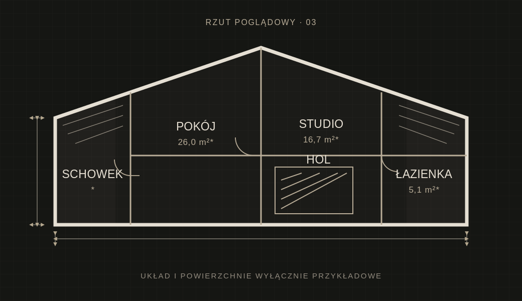 Poglądowy rzut poddasza z pokojem, studiem i łazienką